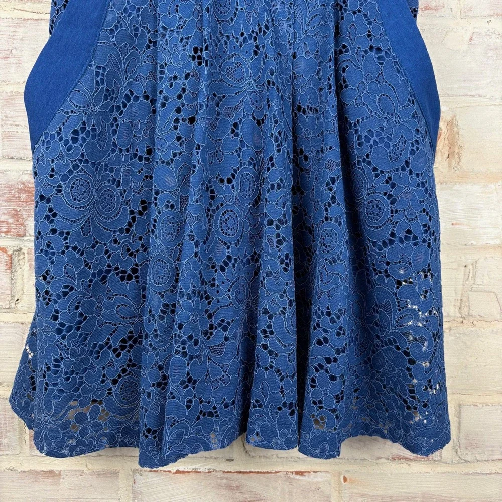 Free People Lovely in Lace Cobalt Mini Dress XS V-Neck Crossover Keyhole Pockets